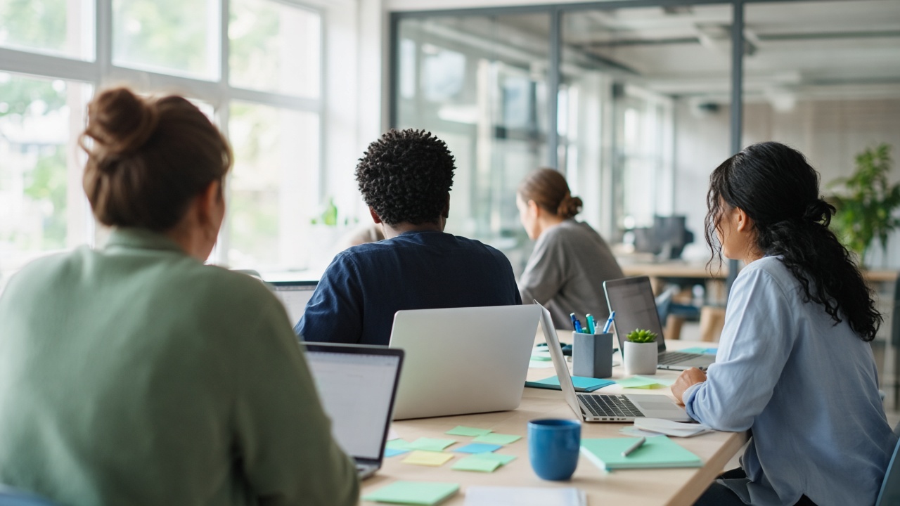 Team collaborating in a bright modern office